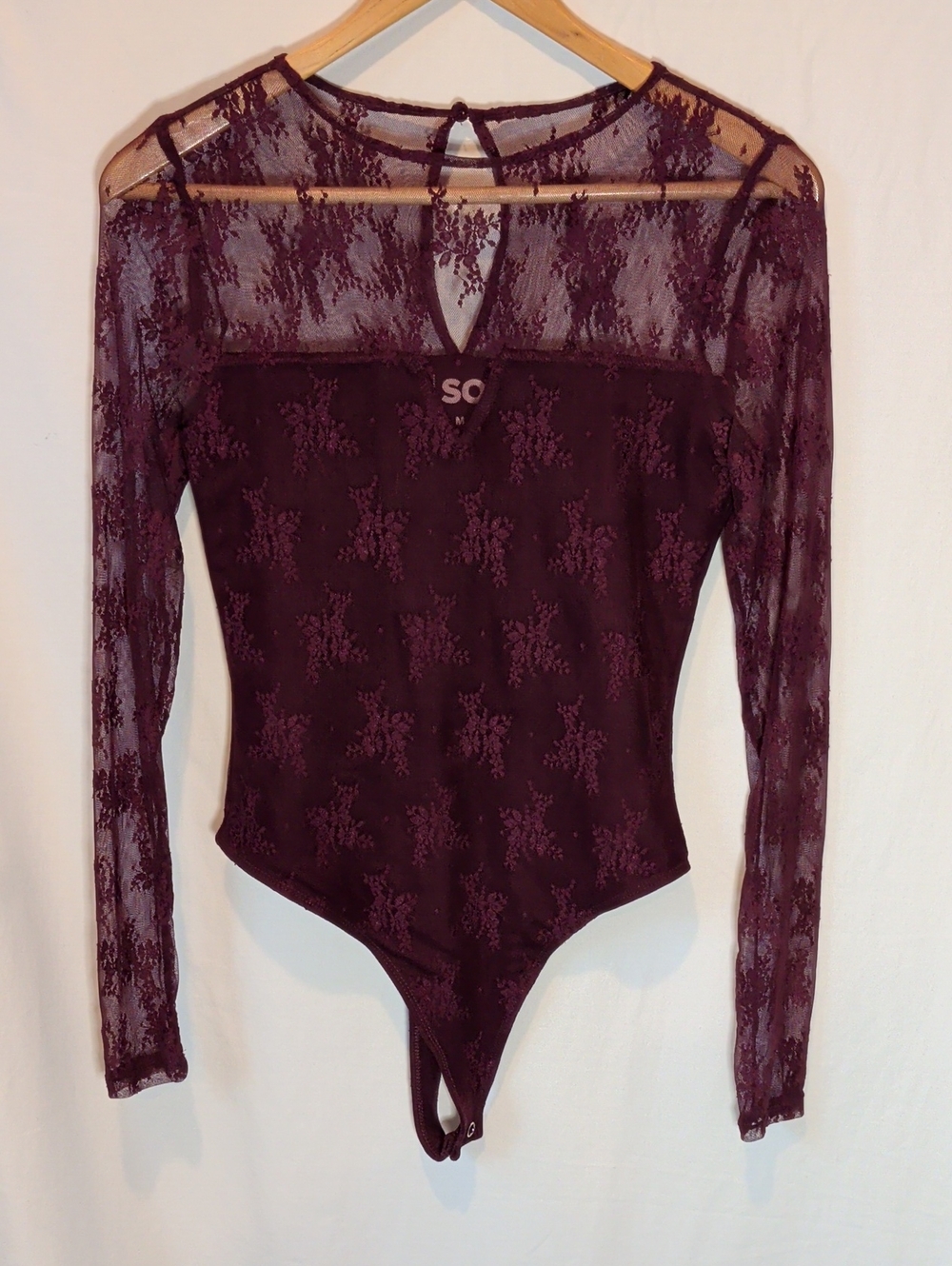 SO Lace Long-Sleeve Bodysuit in Deep Plum